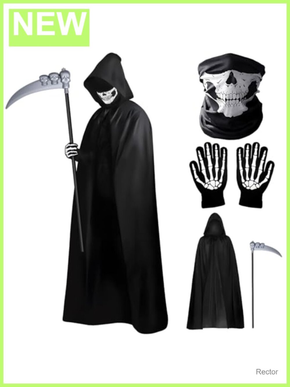 4-Piece Death Costume Set Hooded Cloak Mask Gloves Scepter Horror Cosplay